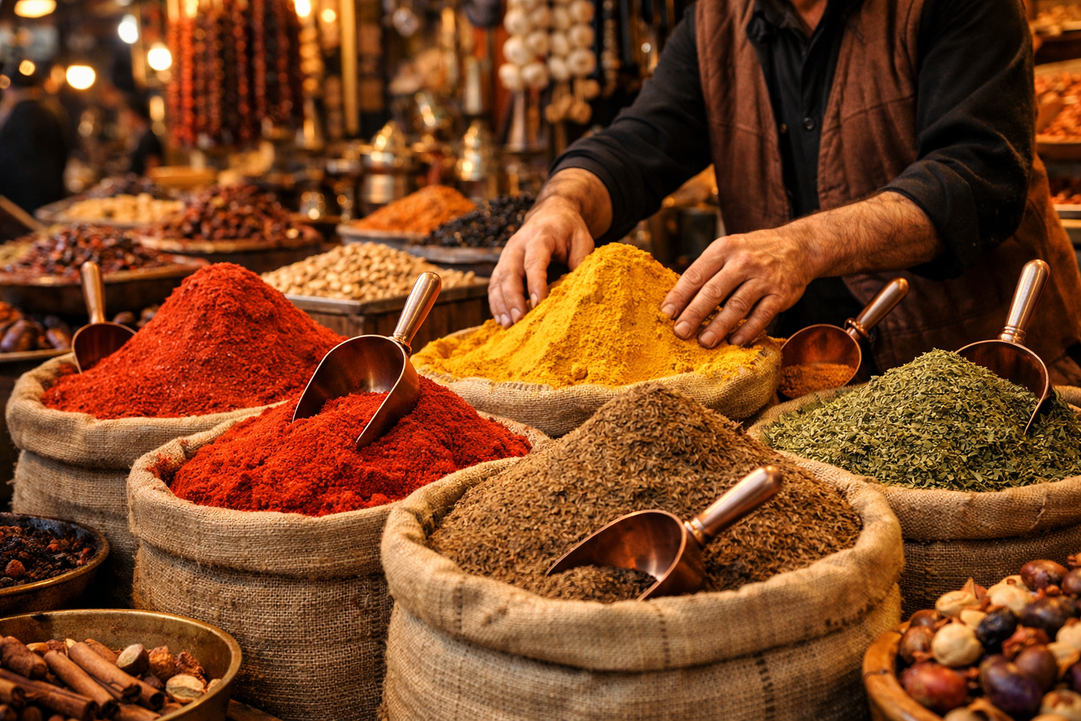 Renkli baharatlar bir pazar tezgahinda